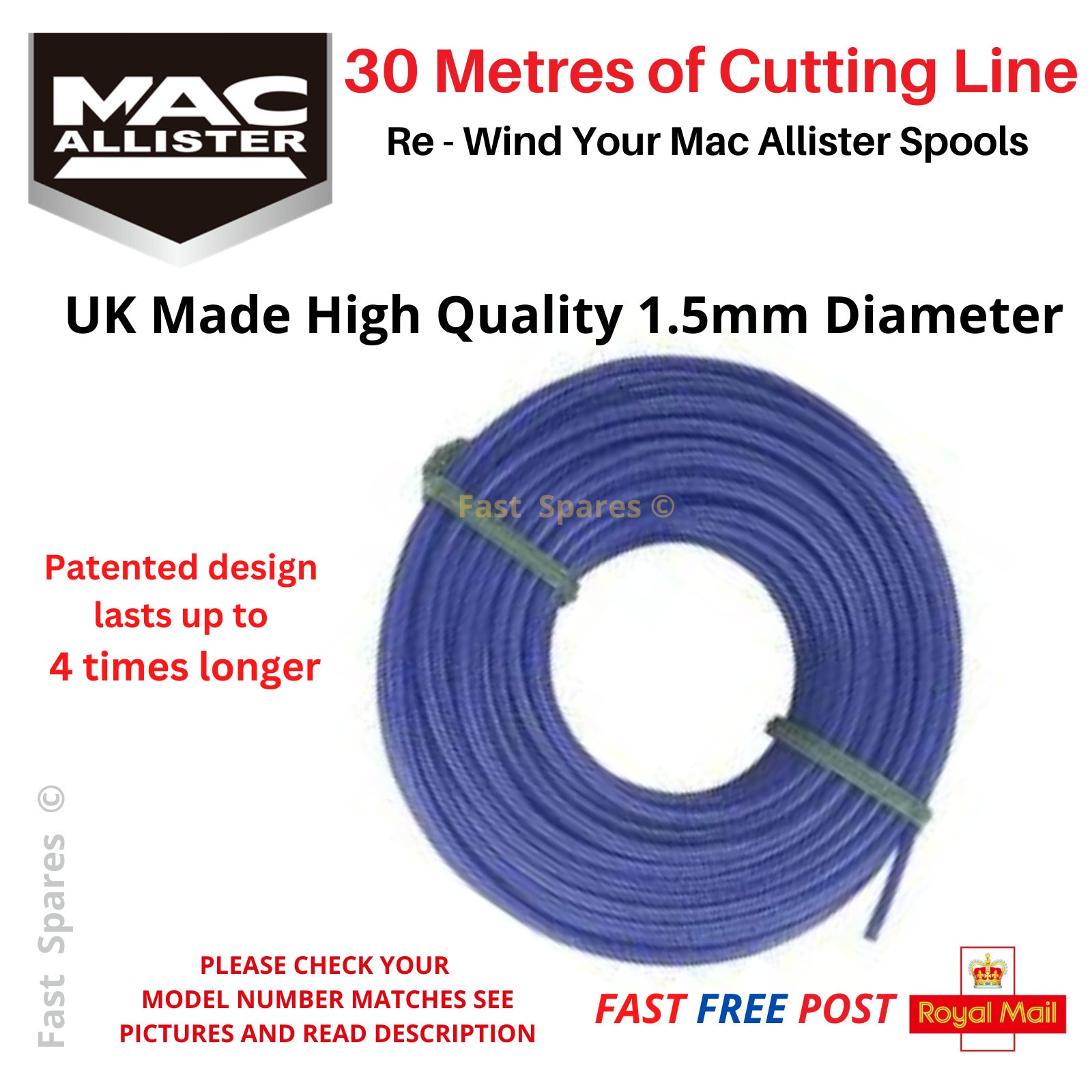 SPARES2GO Trimmerfaden Für MacAllister MGT430, MGT600, MGTP600 – 30 M, 1,5 Mm, Blau, Langlebig & Sparsam