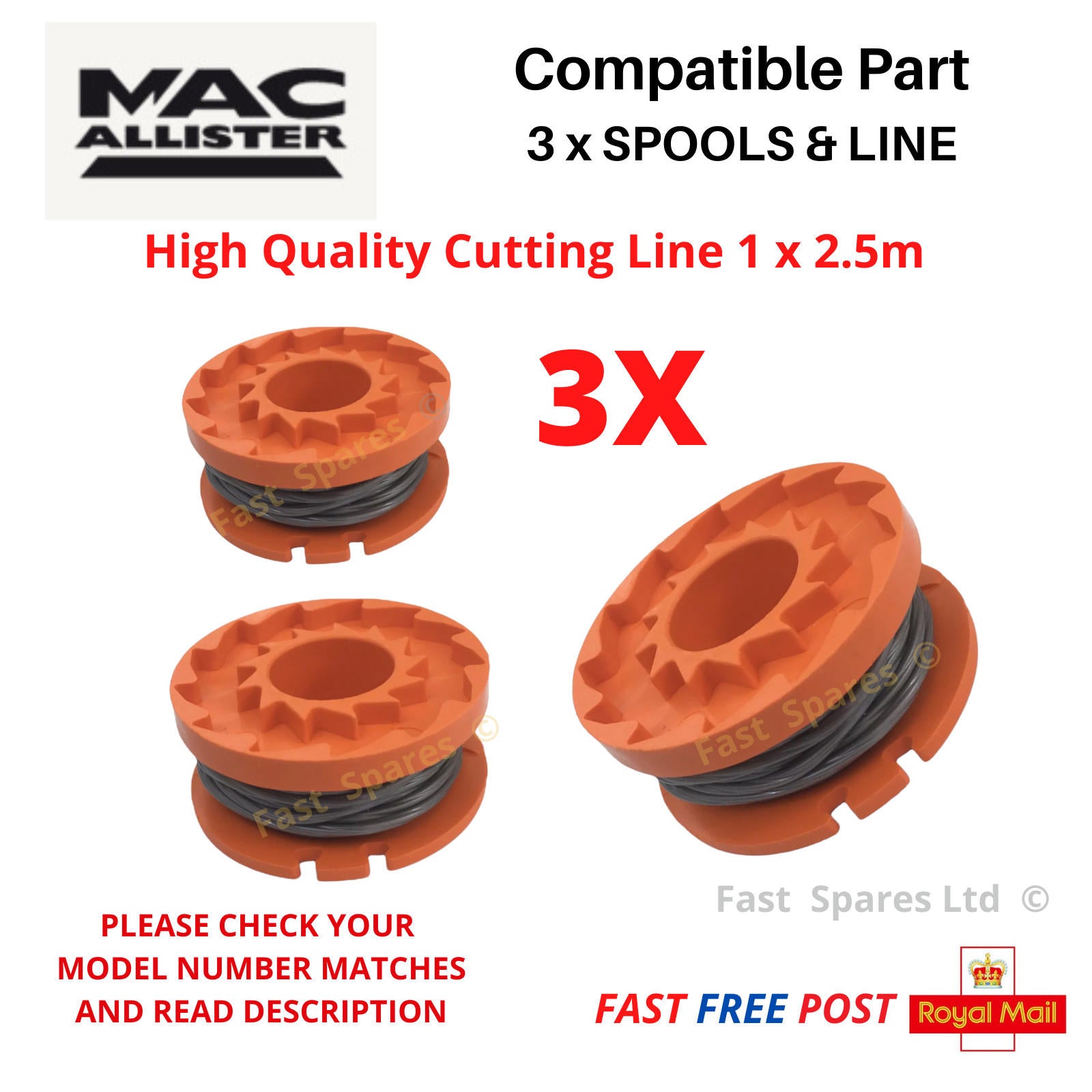 3 x Strimmer Trimmer Spool & Line for MGT1825-Li & MGT1825 Li Mac Allister Solo 18V