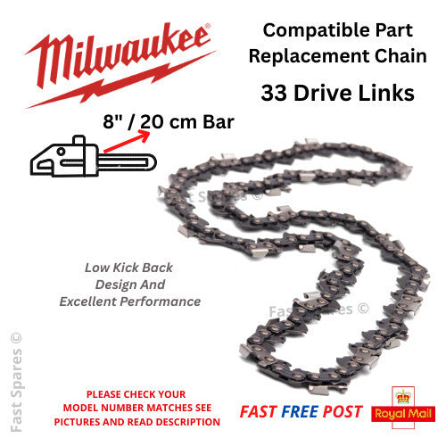 Milwaukee M18 FUEL FHS20-0 Chainsaw Chain 20cm 8" Bar 33 Drive Links FAST POST