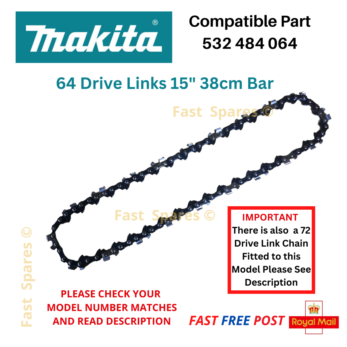 Makita DCS430 DCS520 Replacement Chainsaw Chain 64 Drive Links 38cm 15" Bar