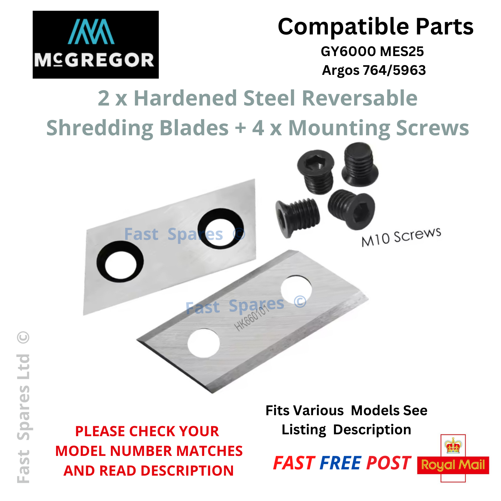 McGregor GY6000 MES525 Argos 764/5963 Garden Shredder Blades + 4 Screw
