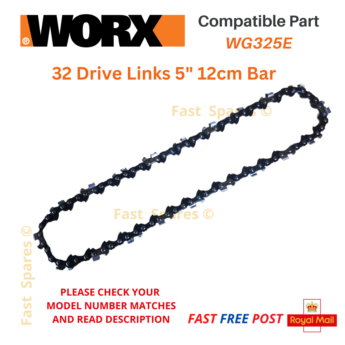 WORX WG324E Cordless Compact Chainsaw Replacement Chain 32 Drive Links 5" 12cm Bar