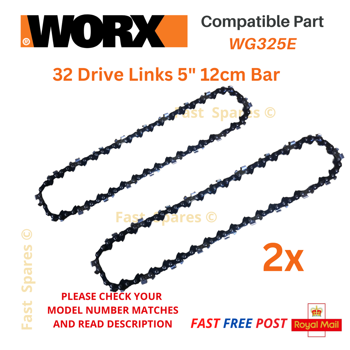WORX WG324E Cordless Compact Chainsaw Replacement Chains 32 Drive Links x 2