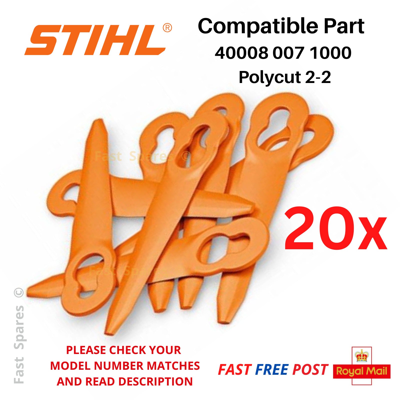 20 x High Quality UK Made plastic blades for Stihl FSA 57 Battery Grass Trimmer&nbsp;