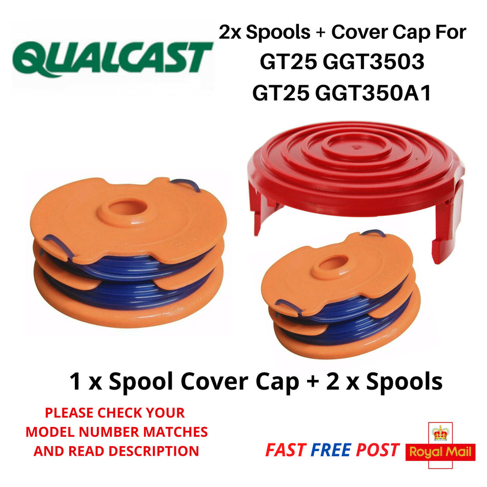 QUALCAST  GGT350ASpool Cap + 2 x Spool For Grass Trimmer Strimmer GT25 FAST POST