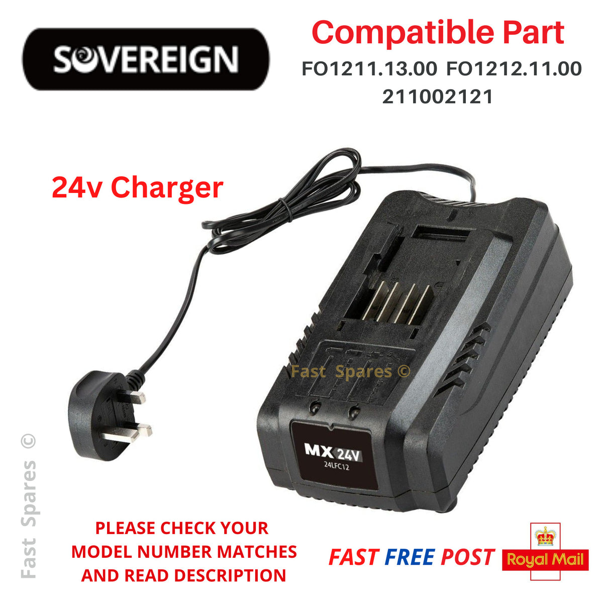 SOVEREIGN CLMF2432M Lawnmower 24v FAST Battery Charger 