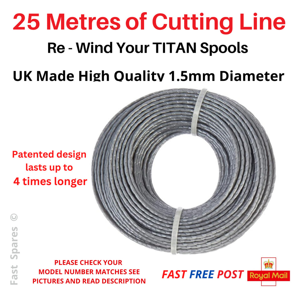 TITAN Strimmer Spool Line for TT1549GTM Trimmer 25m x 1.5mm FAST POST