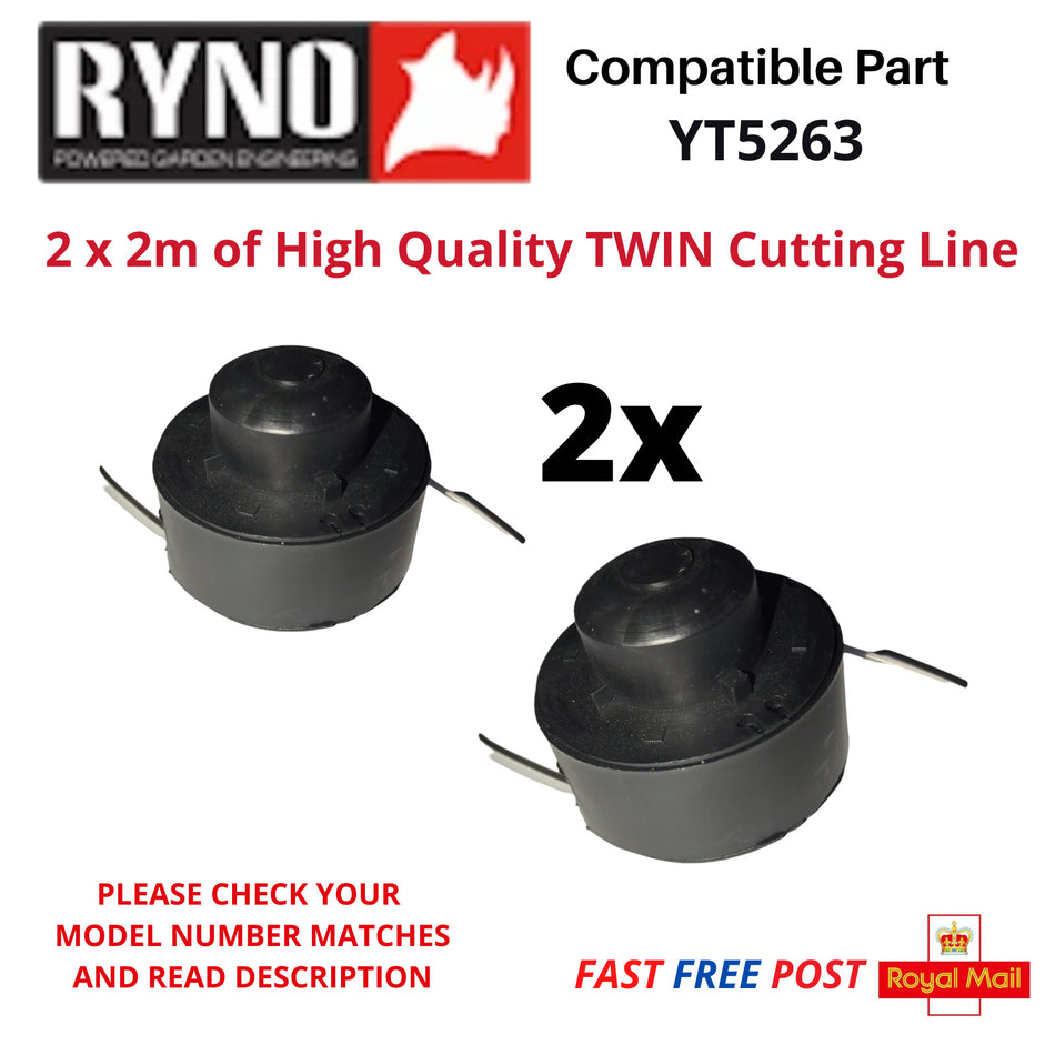 RYNO YT5263 TWIN Line & Spool x2 for Strimmer Trimmer FAST POST