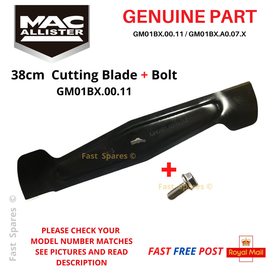 MAC ALLISTER  MLMO1600SHFB Lawnmower 38cm Cutting Blade + Bolt FAST POST