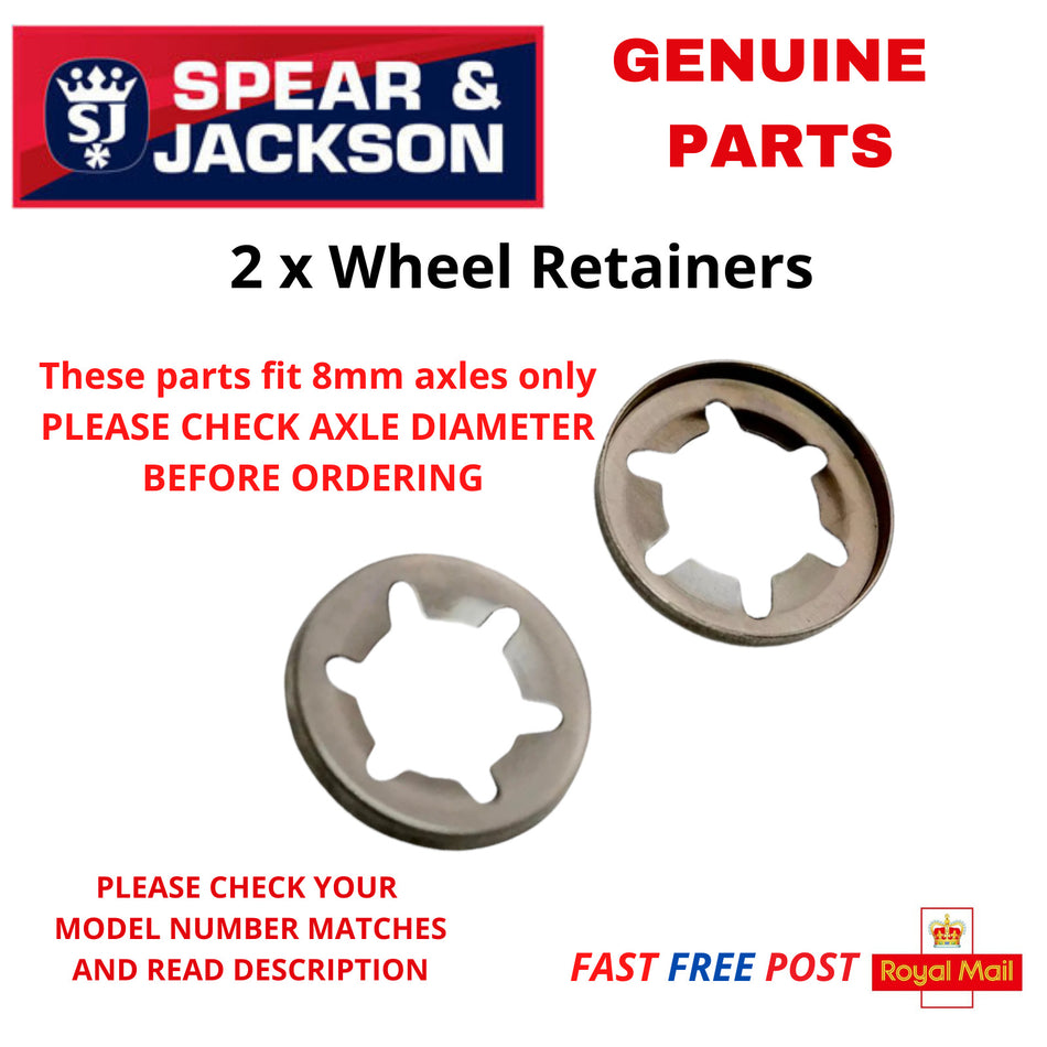 An advertisement image for Spear & Jackson 2x Wheel Retainers, showing two metal washers with a star shape designed for 8mm axles, alongside the company's logo and text detailing the product fit and instructions for checking axle size before ordering.